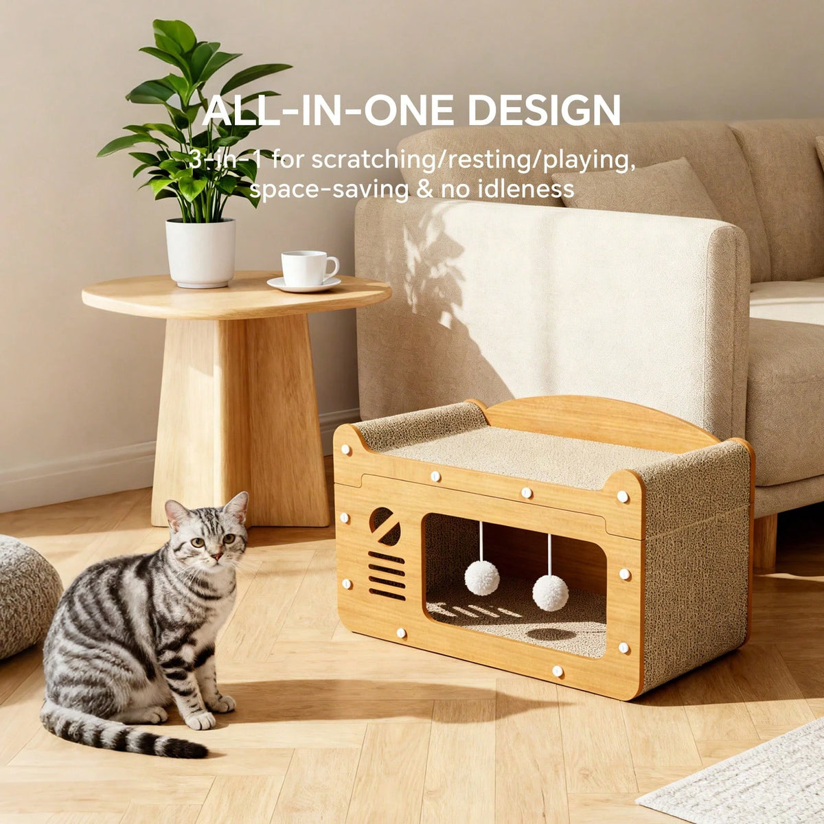 2 Story Cat House Hideaway with 2 Hanging Pom Pom Balls For Multi Cat Households
