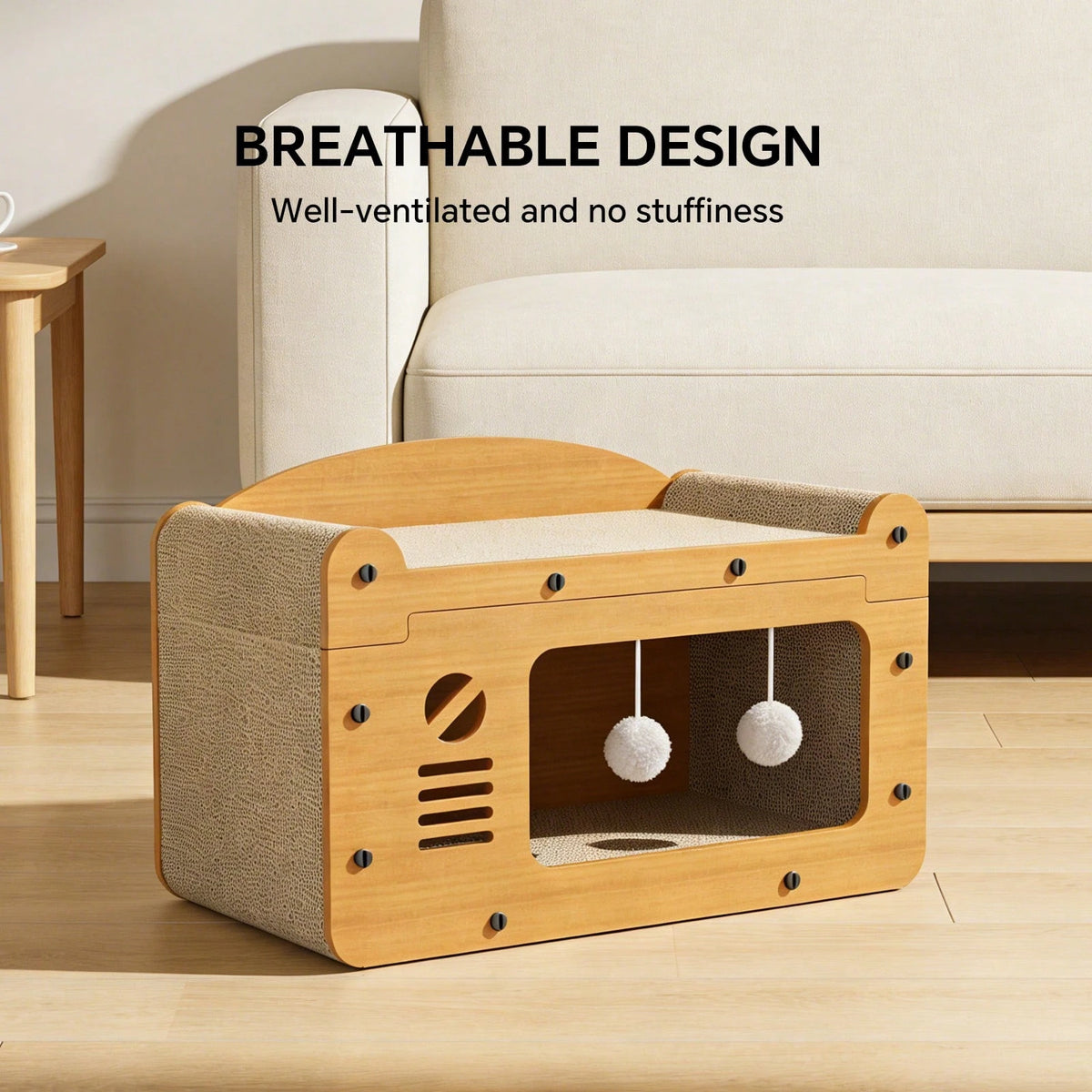 2 Story Cat House Hideaway with 2 Hanging Pom Pom Balls For Multi Cat Households