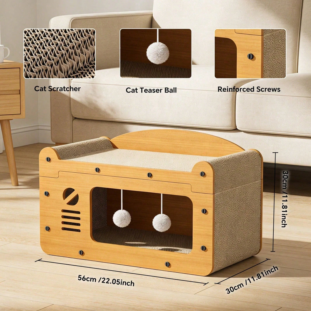2 Story Cat House Hideaway with 2 Hanging Pom Pom Balls For Multi Cat Households