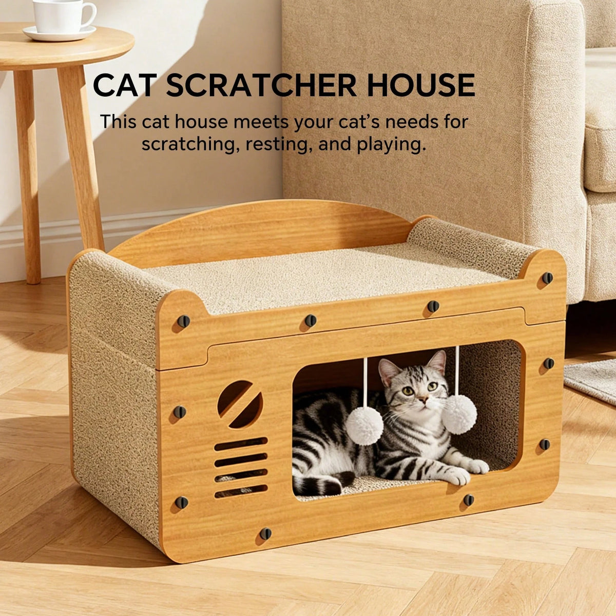 2 Story Cat House Hideaway with 2 Hanging Pom Pom Balls For Multi Cat Households
