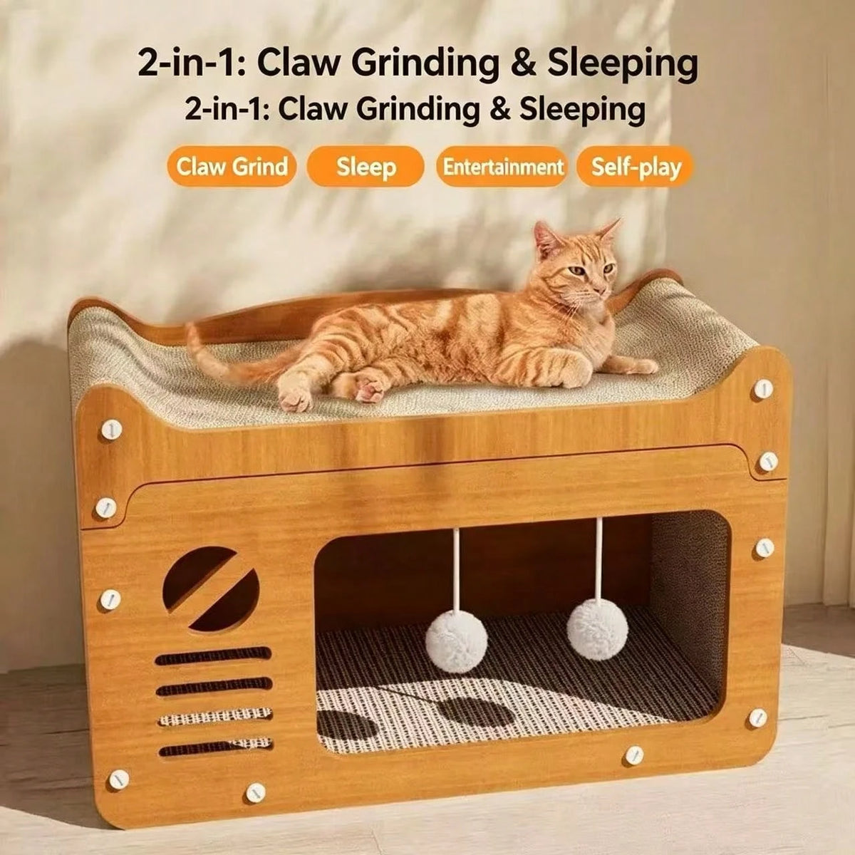 2 Story Cat House Hideaway with 2 Hanging Pom Pom Balls For Multi Cat Households