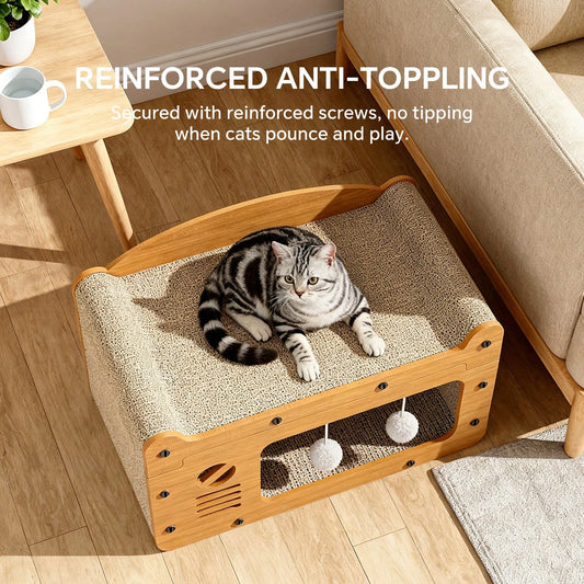 2 Story Cat House Hideaway with 2 Hanging Pom Pom Balls For Multi Cat Households