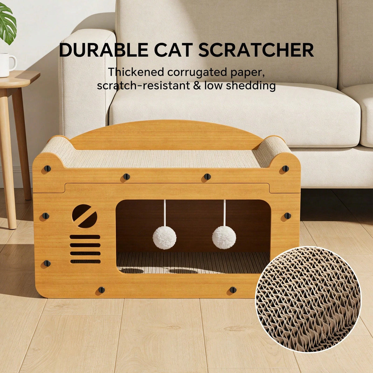 2 Story Cat House Hideaway with 2 Hanging Pom Pom Balls For Multi Cat Households