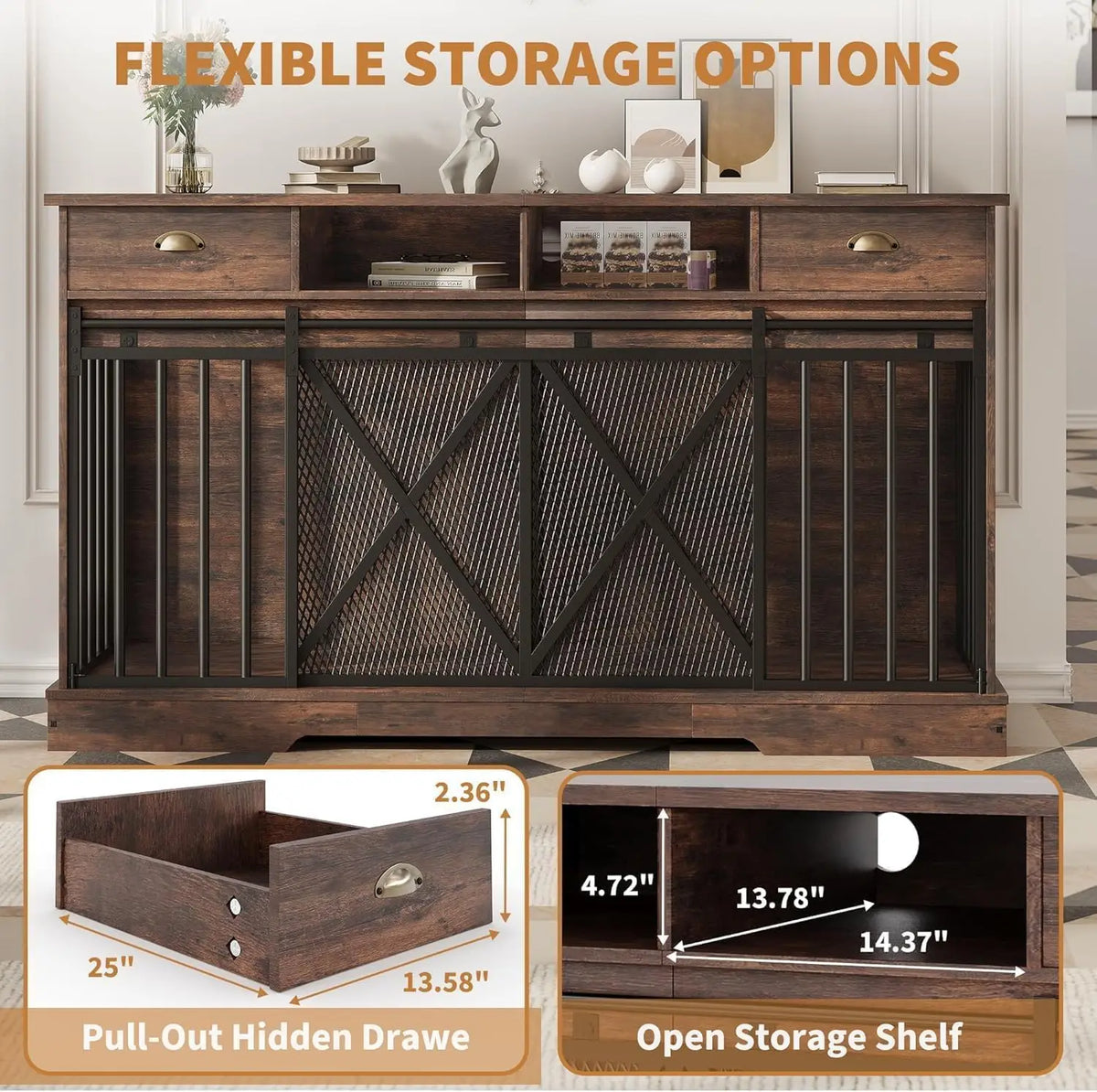 63 Inch Double Dog Crate Furniture for 2 Dogs