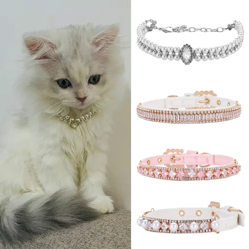 Pearl Necklace Rhinestone Collar for Cats Small Dogs