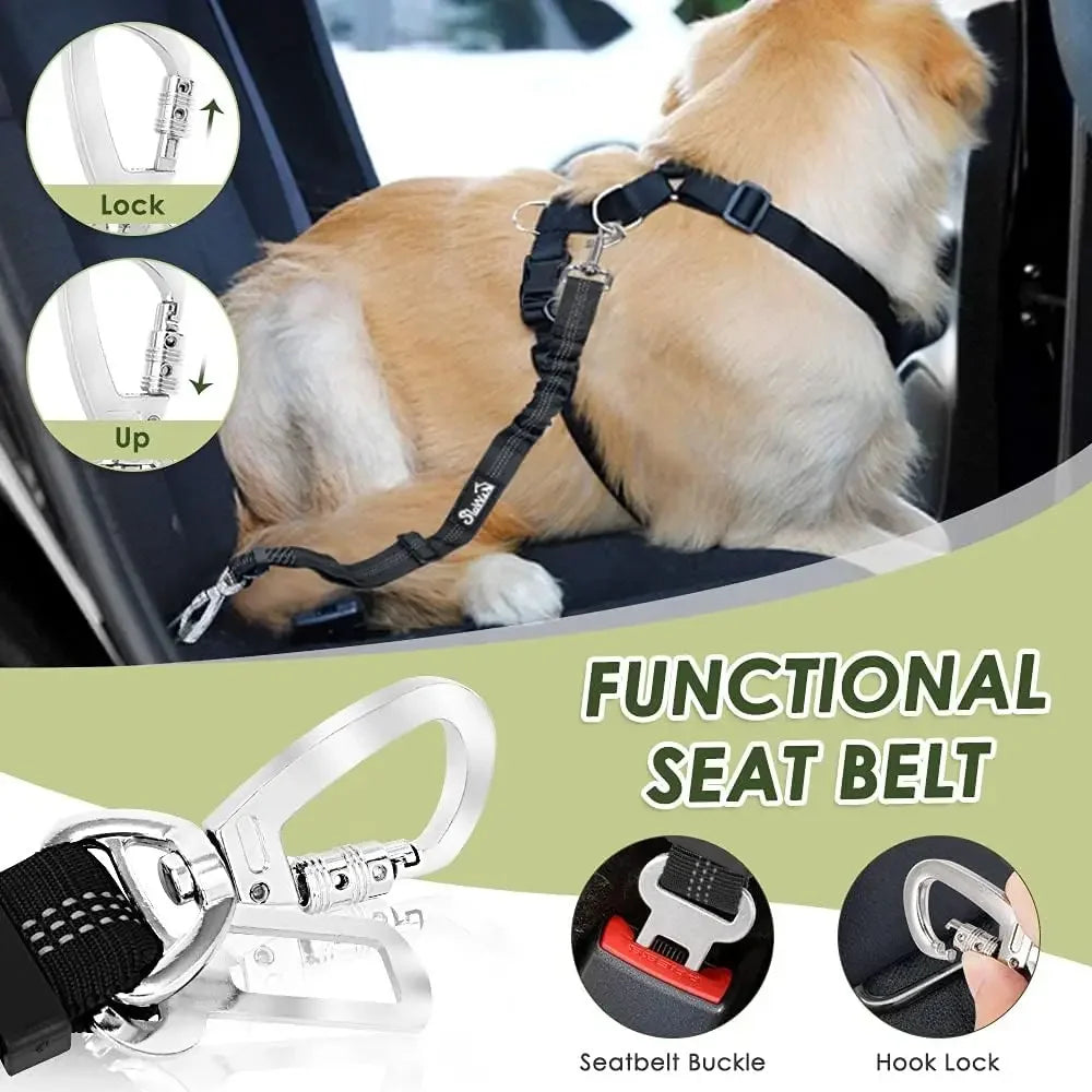 Dog Seat Belt Harness Harness Adjustable Mesh Breathable Safety Tether with Elastic Bungee for Small Medium Large Pets, Double Clip