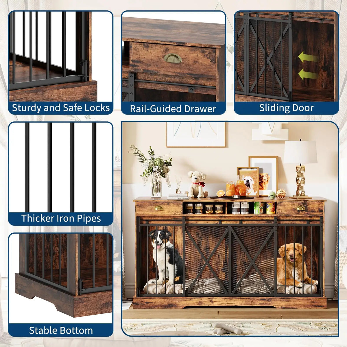 63 Inch Double Dog Crate Furniture for 2 Dogs