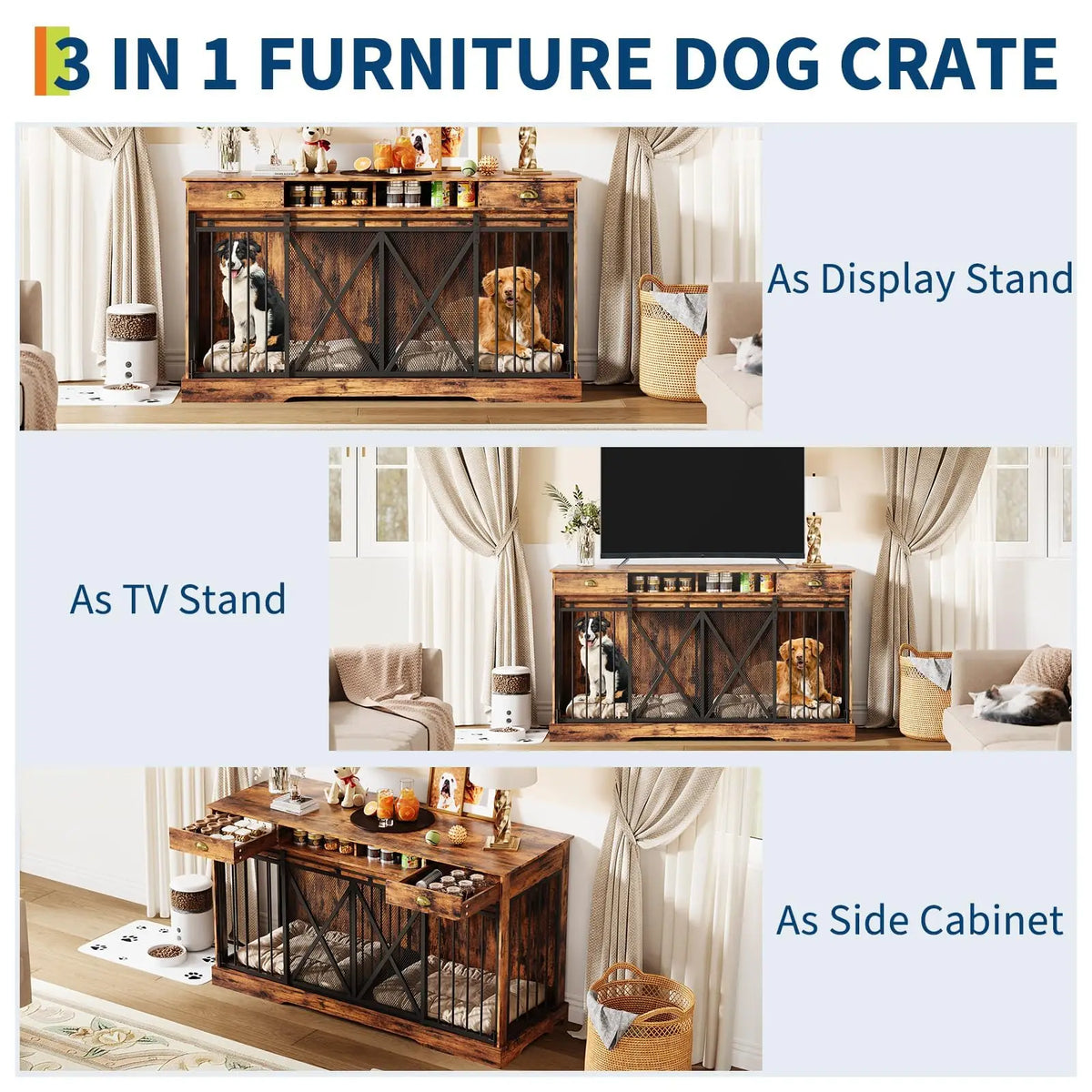 63 Inch Double Dog Crate Furniture for 2 Dogs