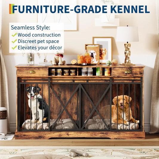 63 Inch Double Dog Crate Furniture for 2 Dogs