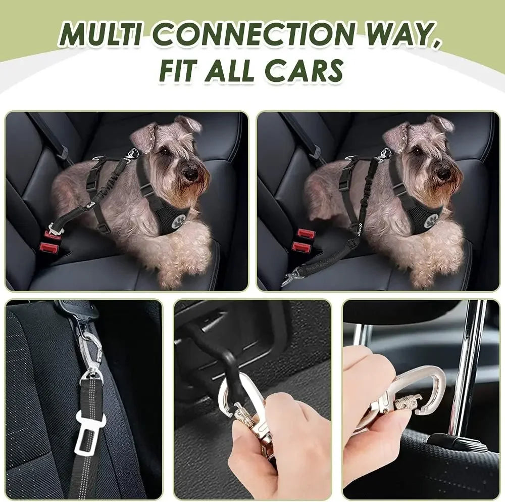 Dog Seat Belt Harness Harness Adjustable Mesh Breathable Safety Tether with Elastic Bungee for Small Medium Large Pets, Double Clip