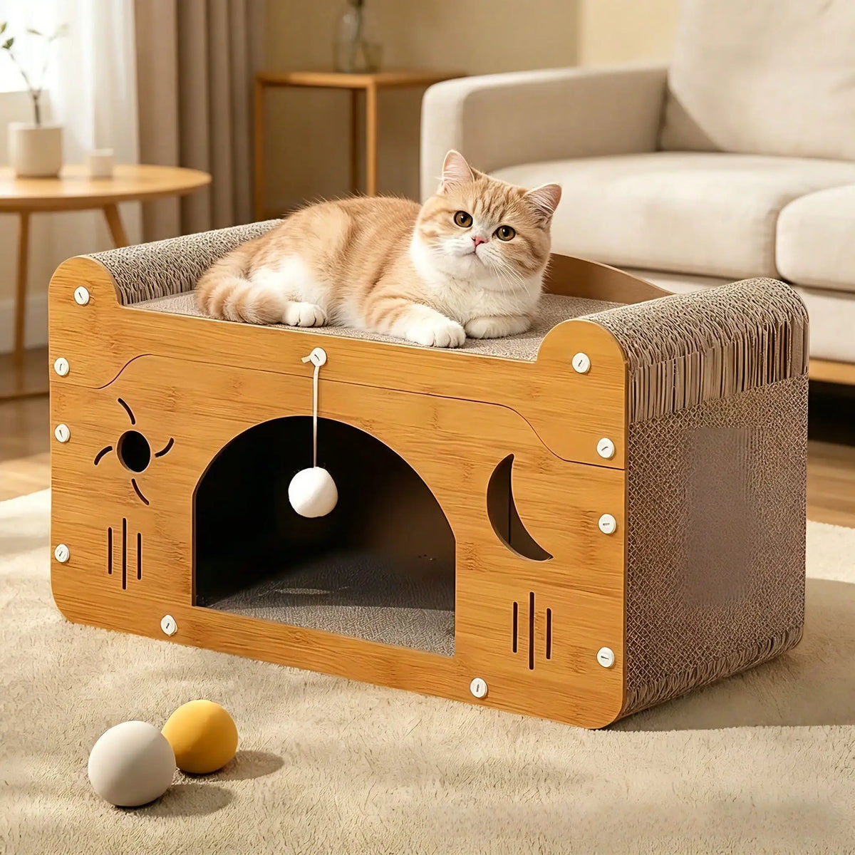 2 Story Cat House Hideaway with 2 Hanging Pom Pom Balls For Multi Cat Households