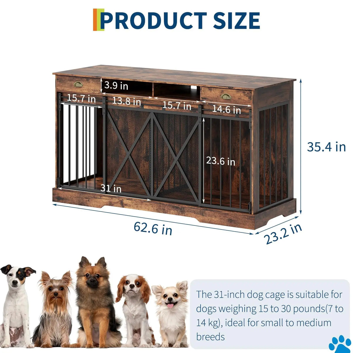 63 Inch Double Dog Crate Furniture for 2 Dogs