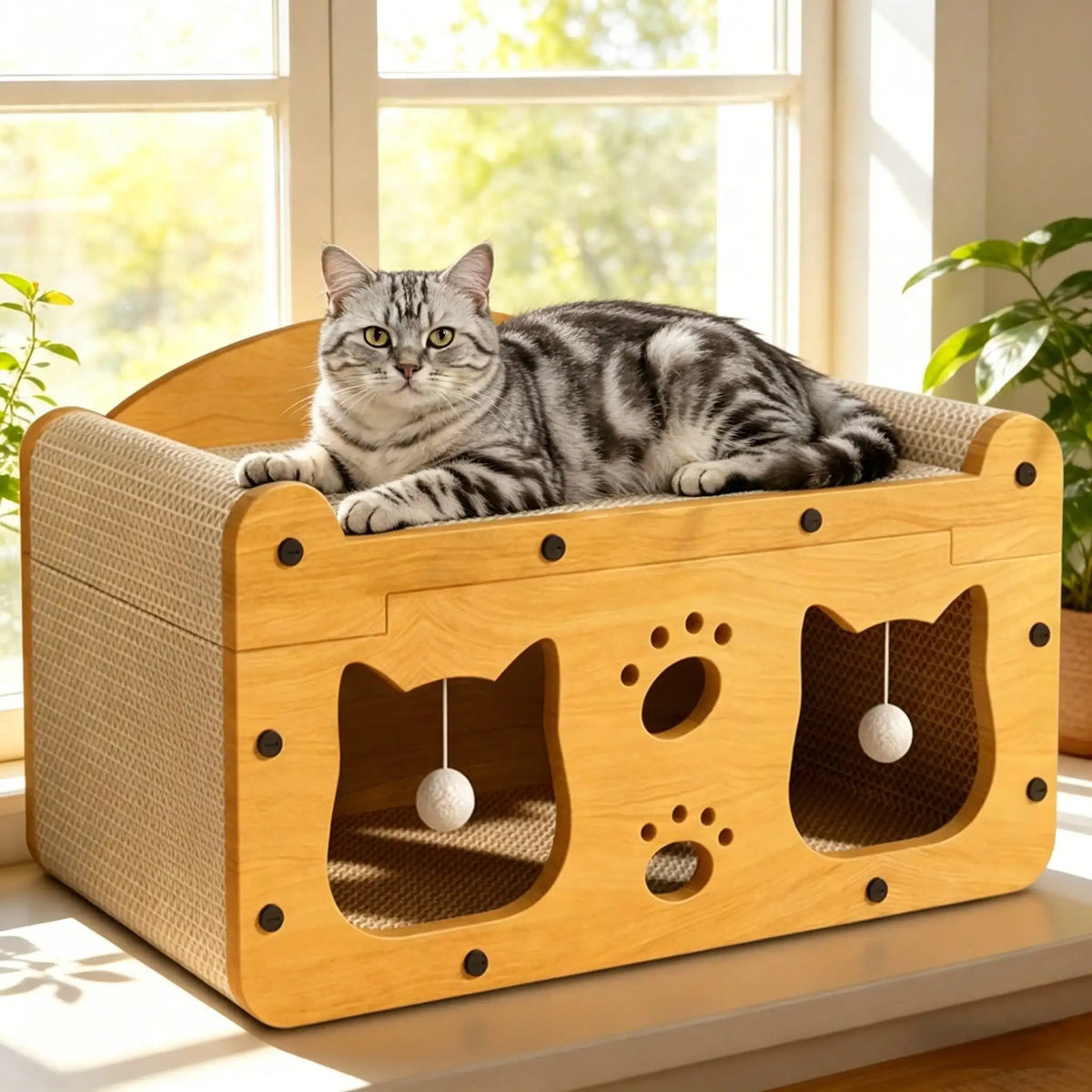 2 Story Cat House Hideaway with 2 Hanging Pom Pom Balls For Multi Cat Households