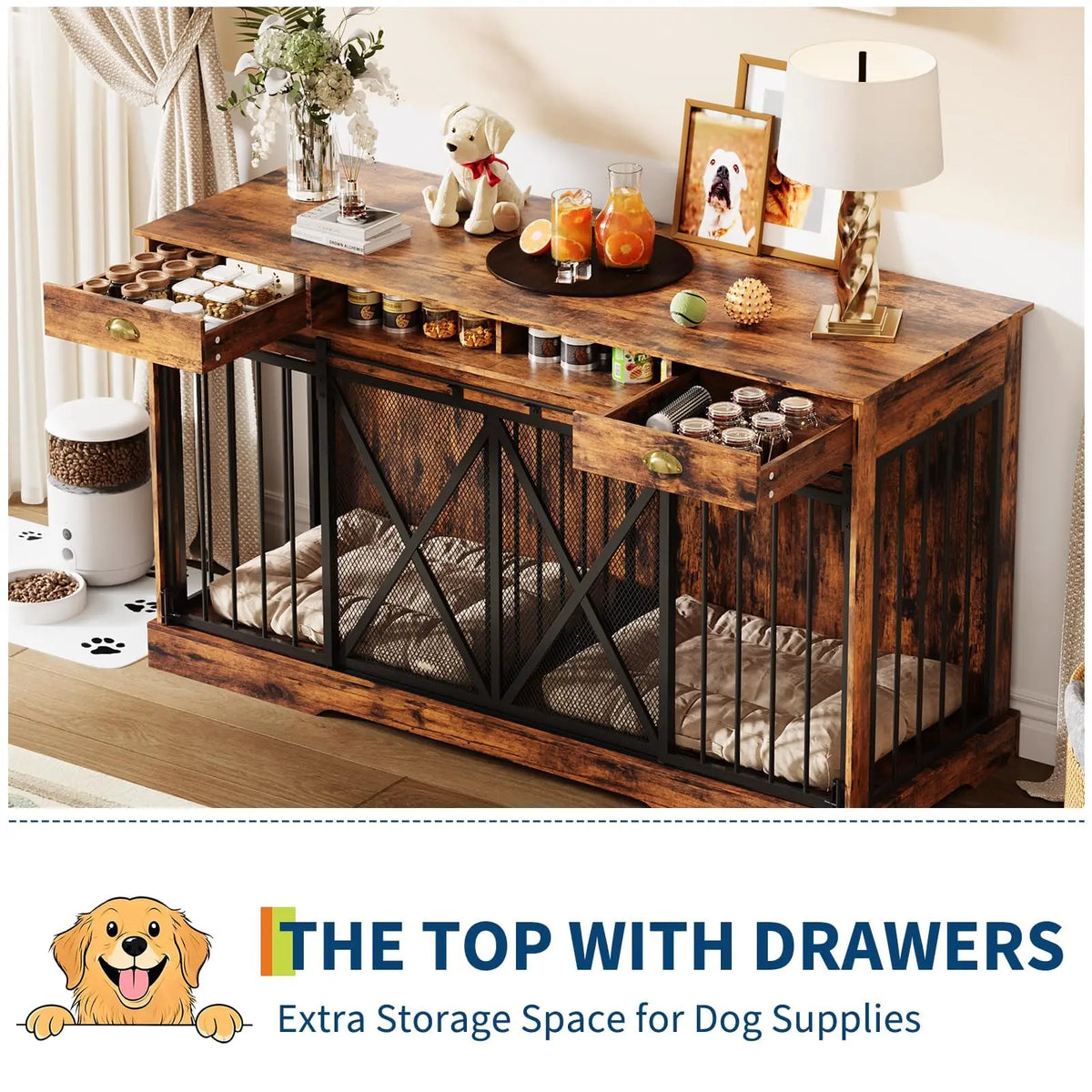 63 Inch Double Dog Crate Furniture for 2 Dogs