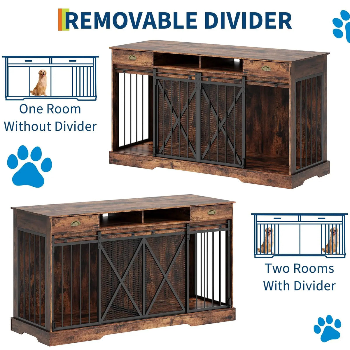 63 Inch Double Dog Crate Furniture for 2 Dogs