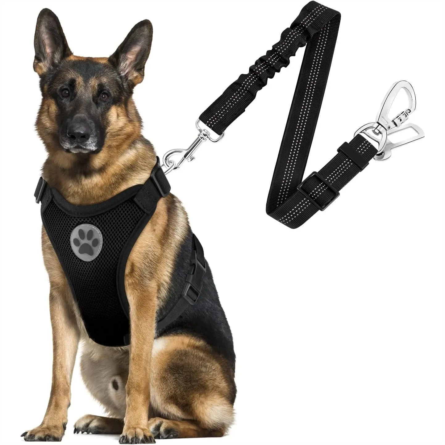Dog Seat Belt Harness Harness Adjustable Mesh Breathable Safety Tether with Elastic Bungee for Small Medium Large Pets, Double Clip
