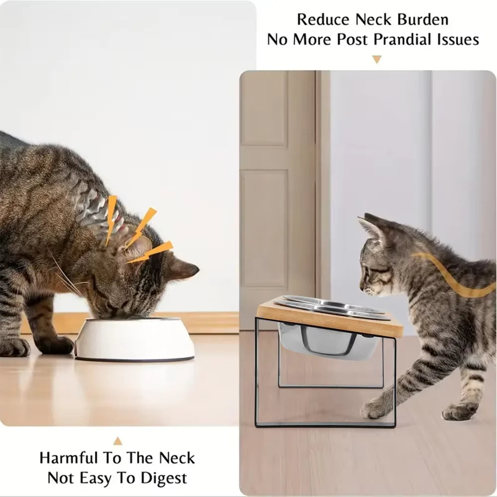 Elevated Cat Bowls 15° with Wooden Stand
